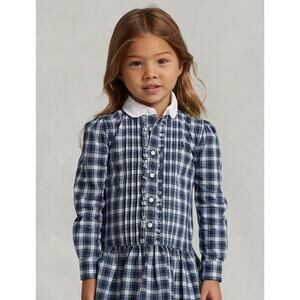POLO Ralph Lauren Girls Navy Blue Green Plaid Stretch Poplin Shirt Button Dress